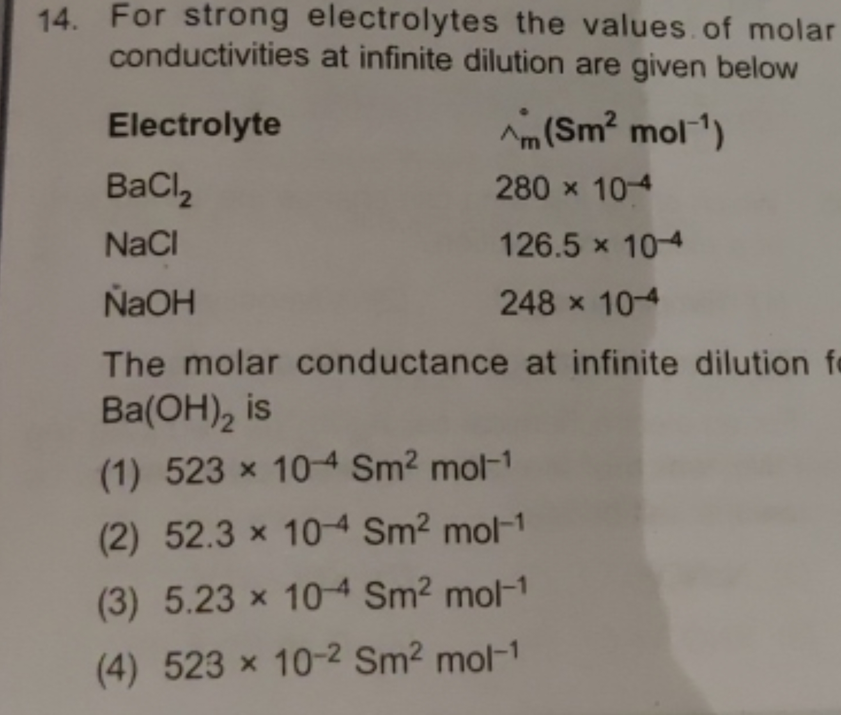 14. For strong electrolytes the values of molar conductivities at infi