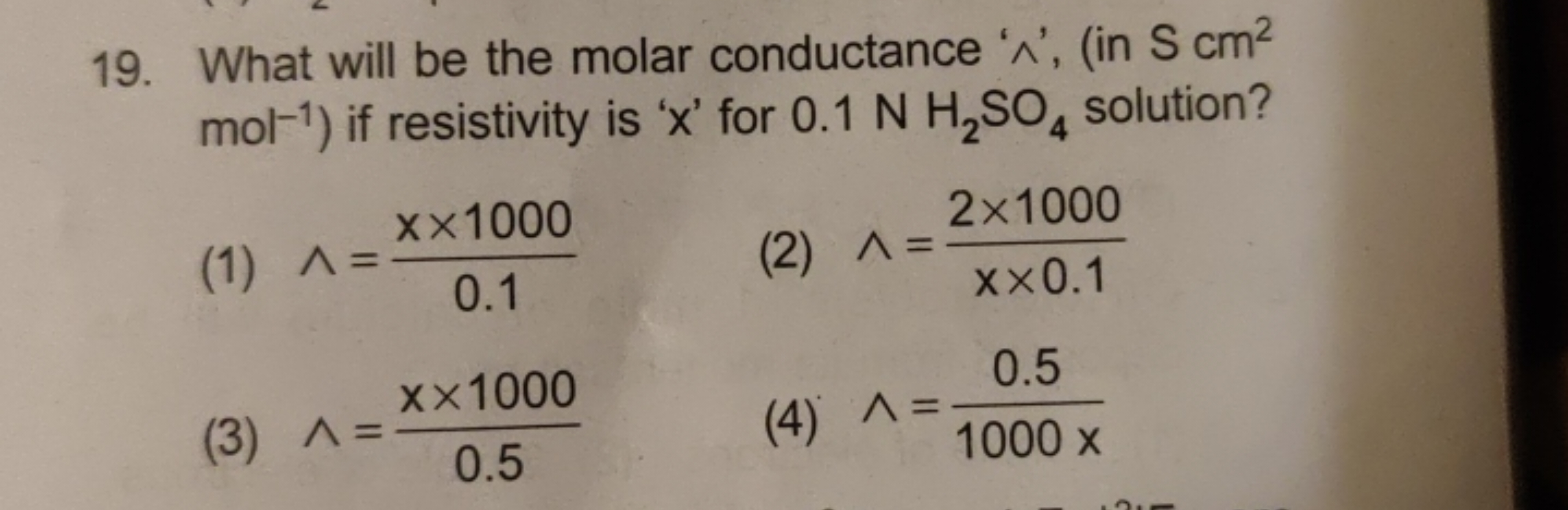 19. What will be the molar conductance ' ∧ ', (in S cm2 mol−1 ) if res