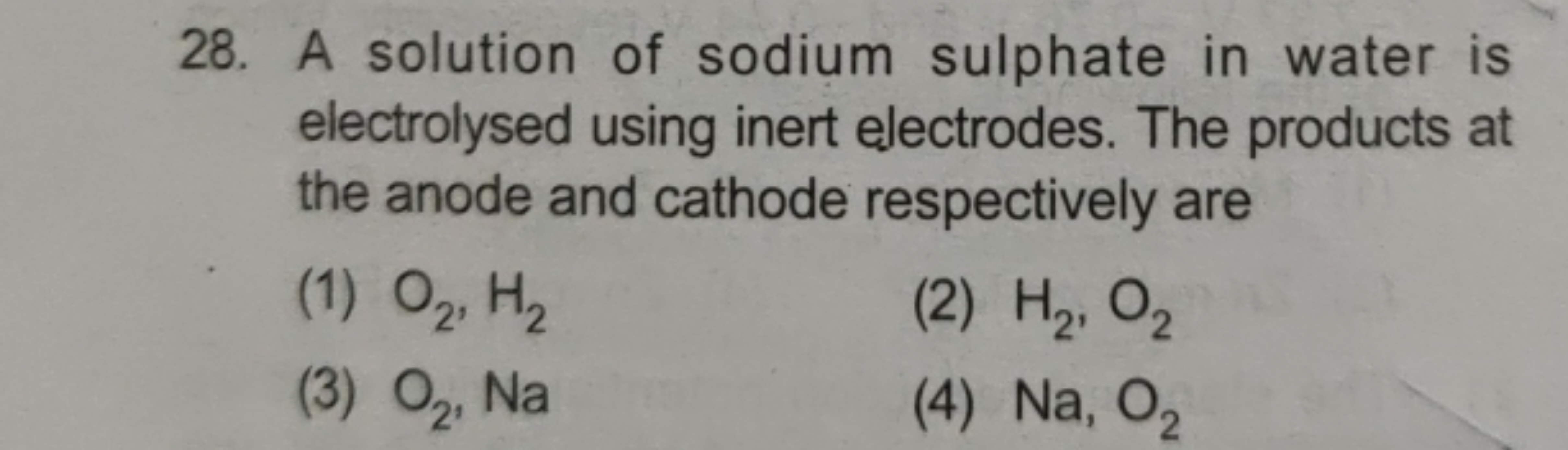 28. A solution of sodium sulphate in water is electrolysed using inert