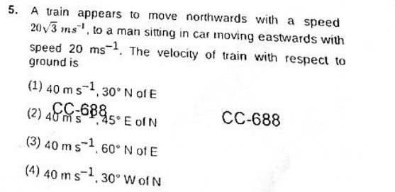 5. A train appears to move northwards with a speed 203​ ms−1, to a man