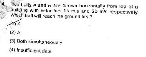 4. Two balls A and B are thrown horizontally from top of a building wi