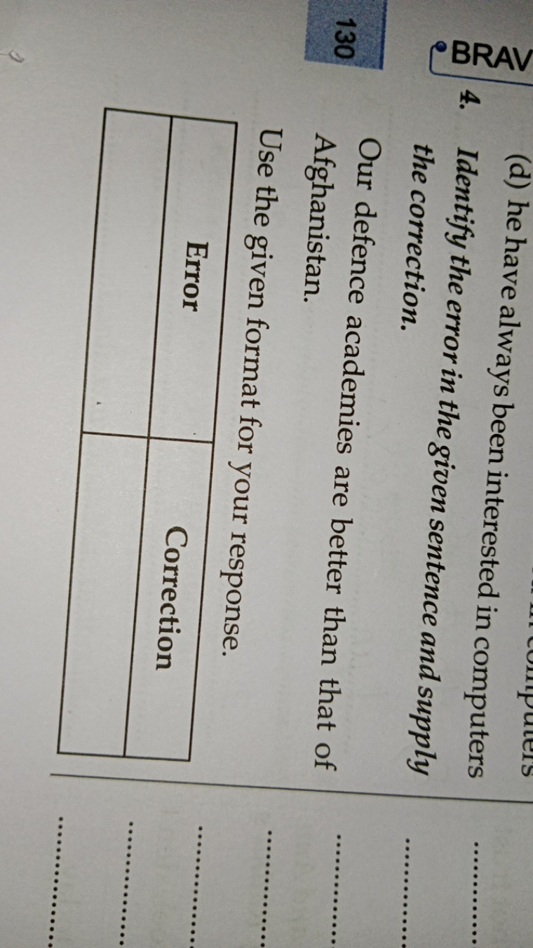 
(d) he have always been interested in computers
4. Identify the error