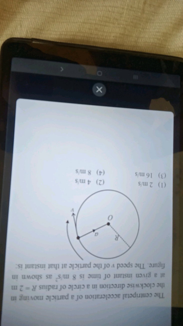 The centripetal acceleration of a particle moving in the clockwise dir