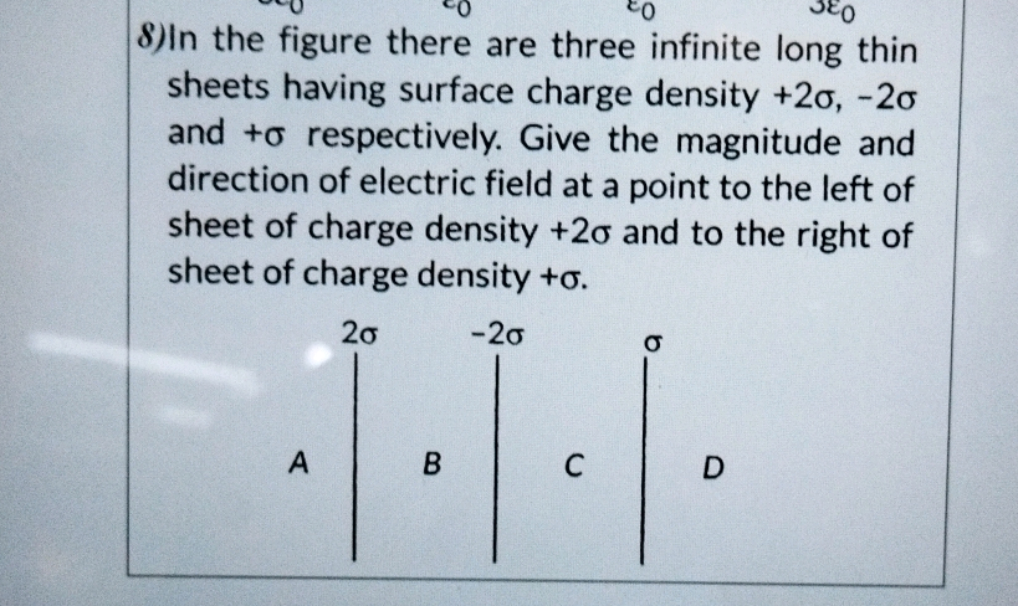 8) In the figure there are three infinite long thin sheets having surf