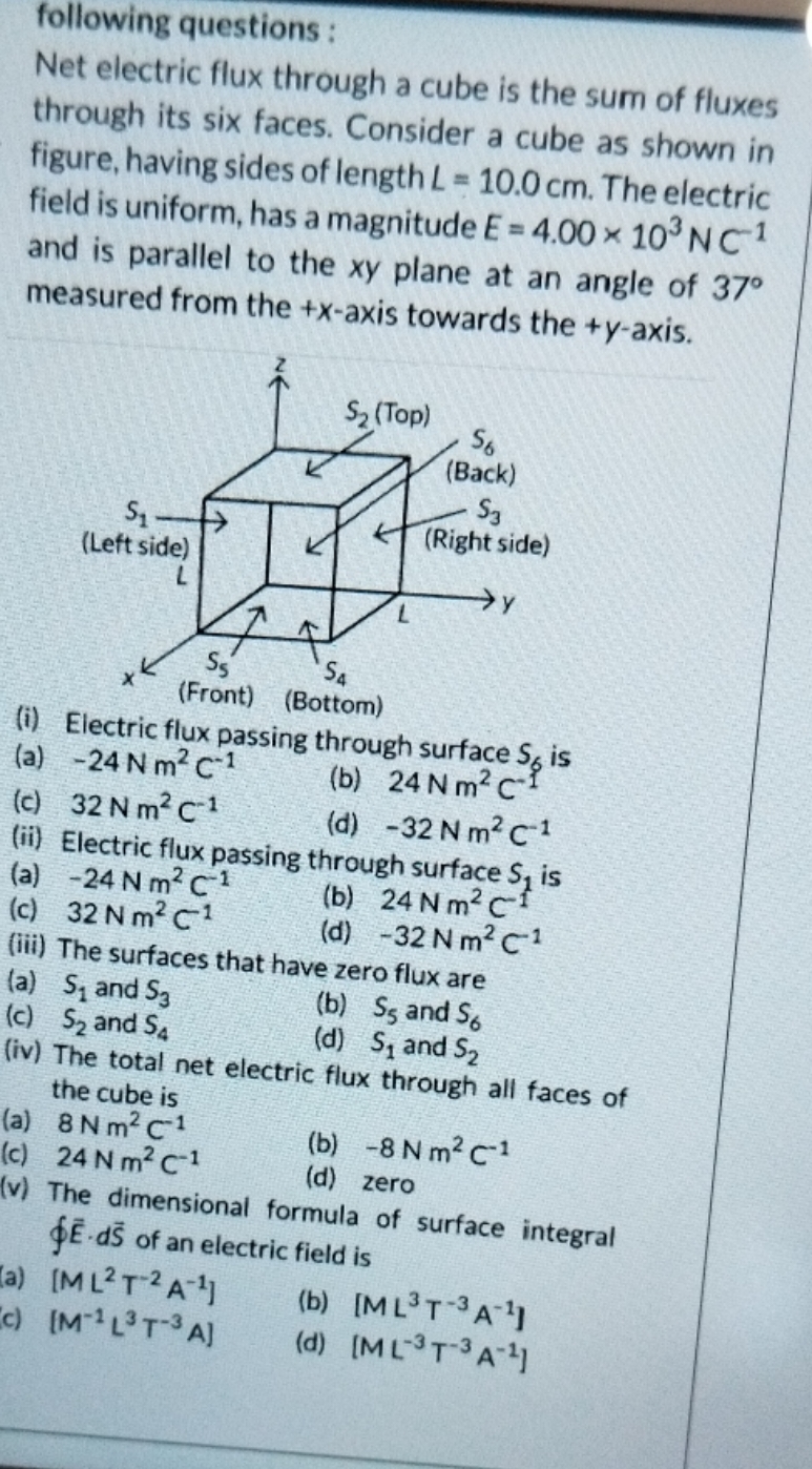 following questions :
Net electric flux through a cube is the sum of f