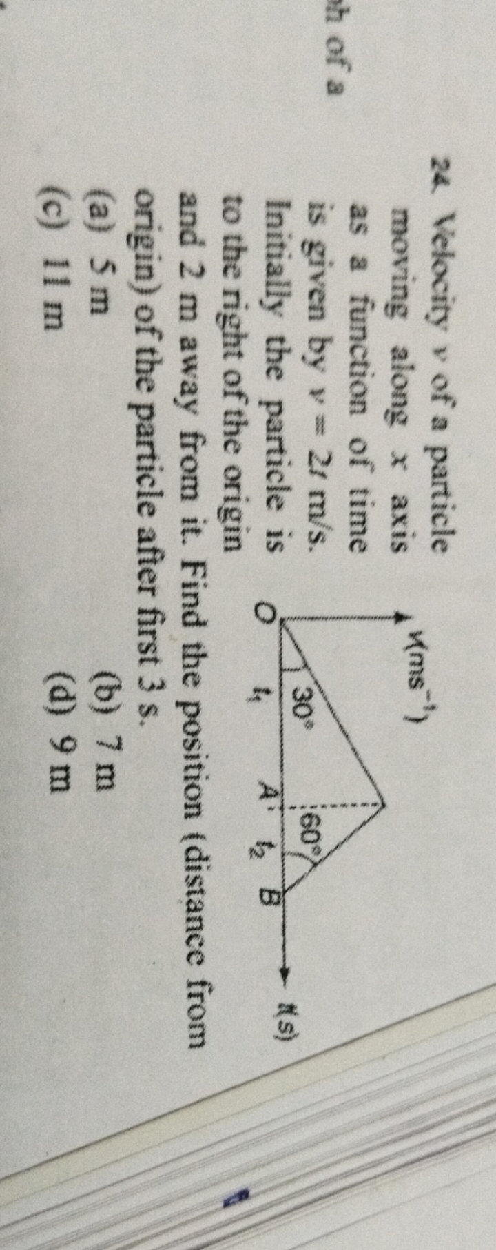 24. Velocity v of a particle moving along x axis as a function of time