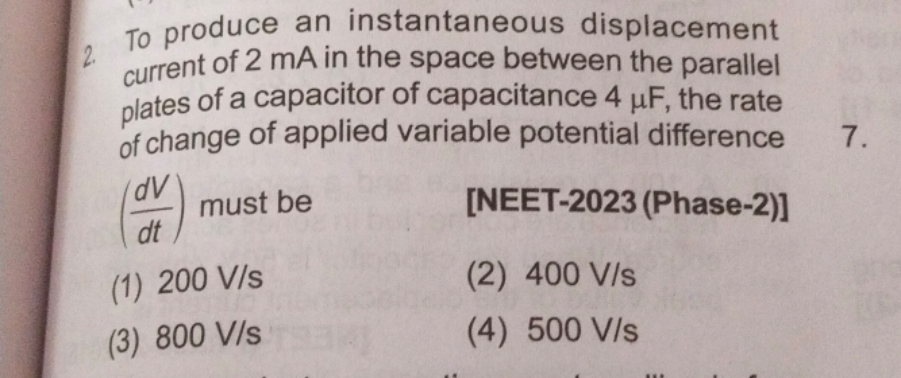 2. To produce an instantaneous displacement current of 2 mA in the spa