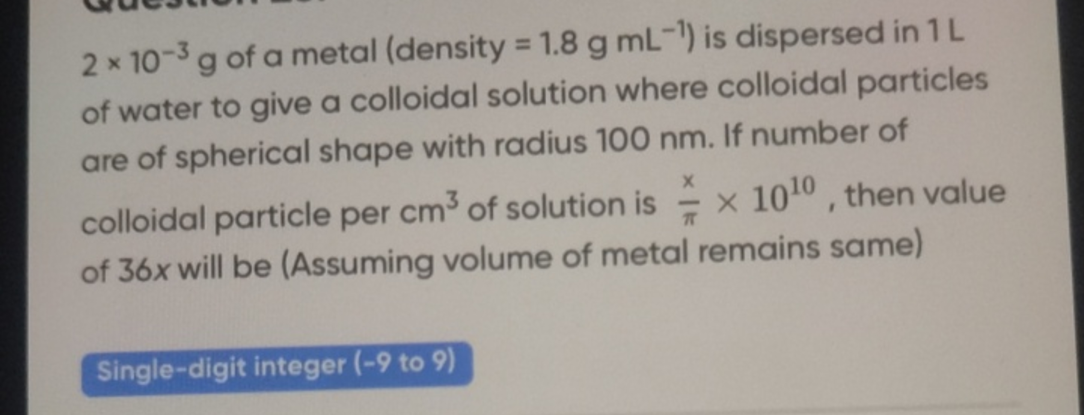 2×10−3 g of a metal (density =1.8 g mL−1 ) is dispersed in 1 L of wate