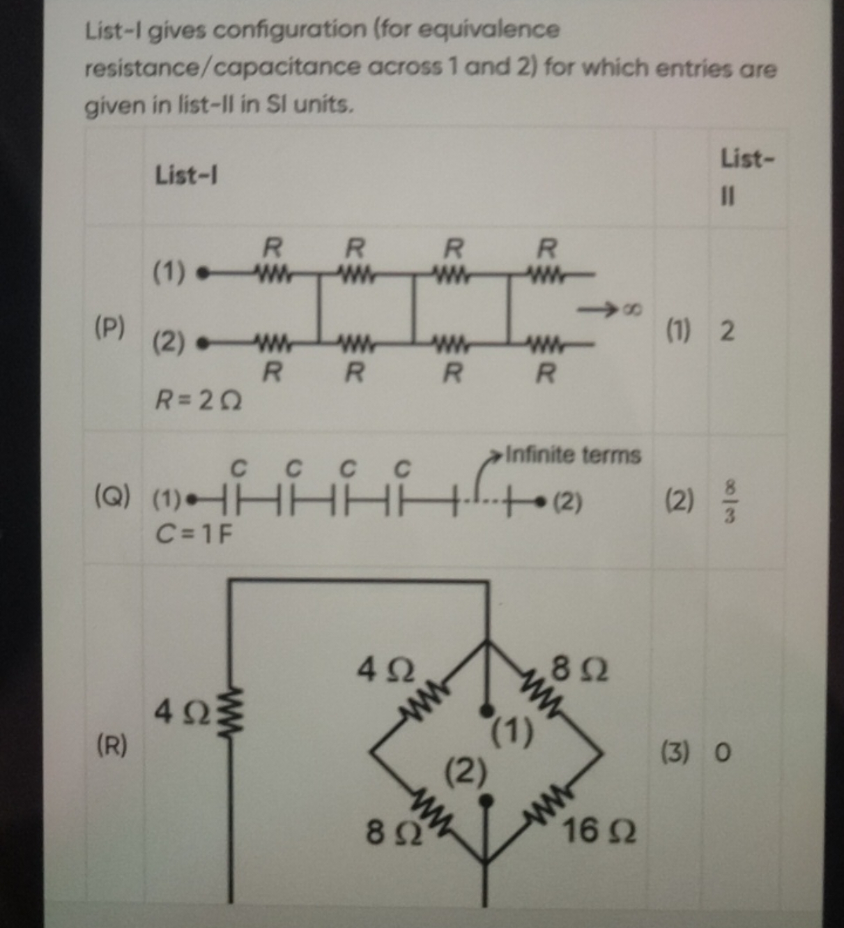 List-I gives configuration (for equivalence resistance/capacitance acr