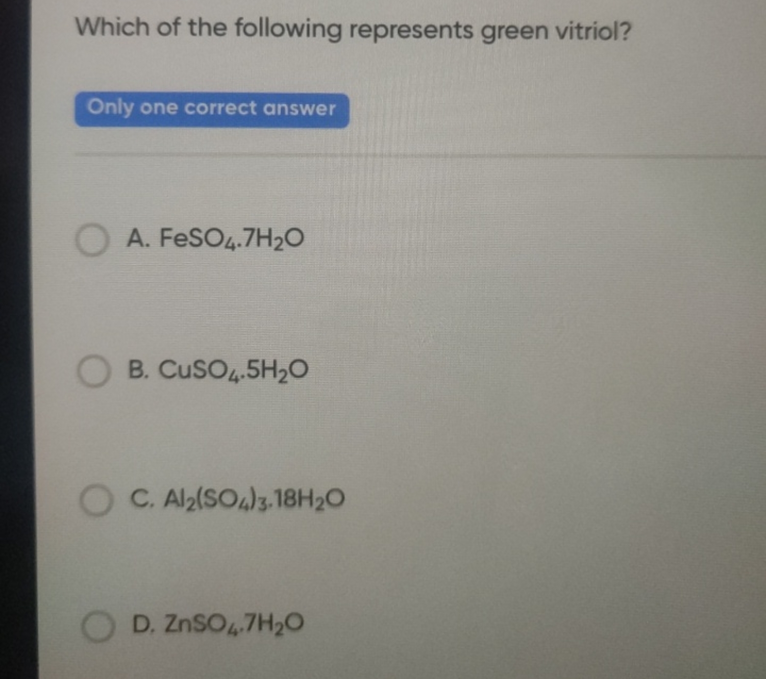 Which of the following represents green vitriol?

Only one correct ans