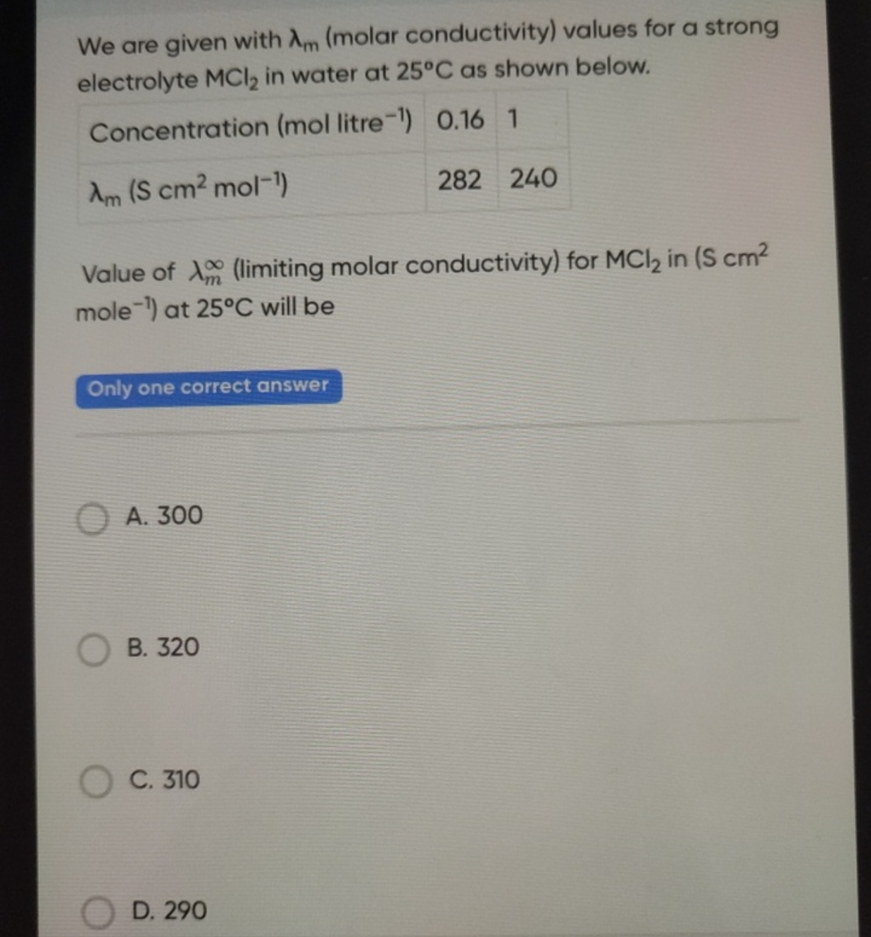 We are given with λm​ (molar conductivity) values for a strong electro