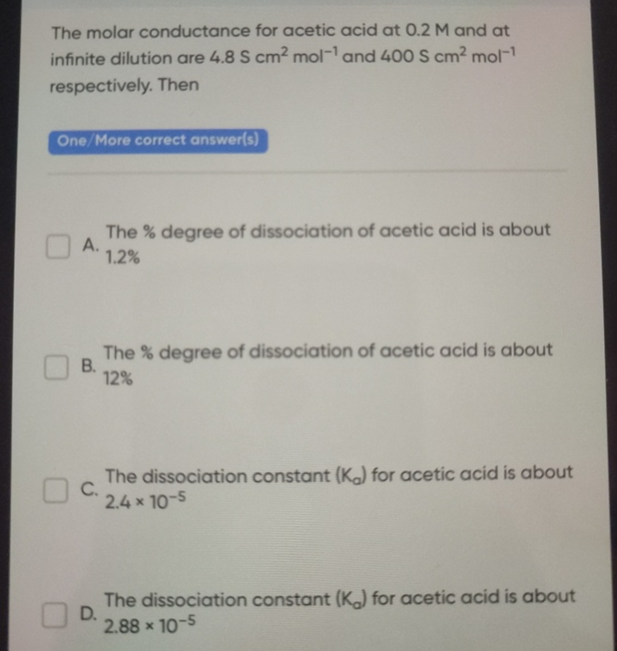 The molar conductance for acetic acid at 0.2 M and at infinite dilutio