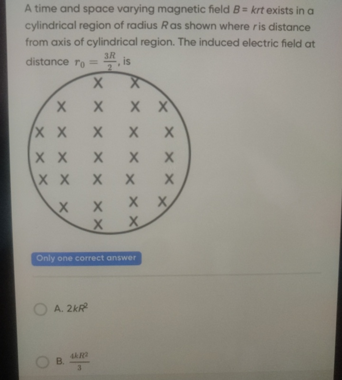 A time and space varying magnetic field B=krt exists in a cylindrical 