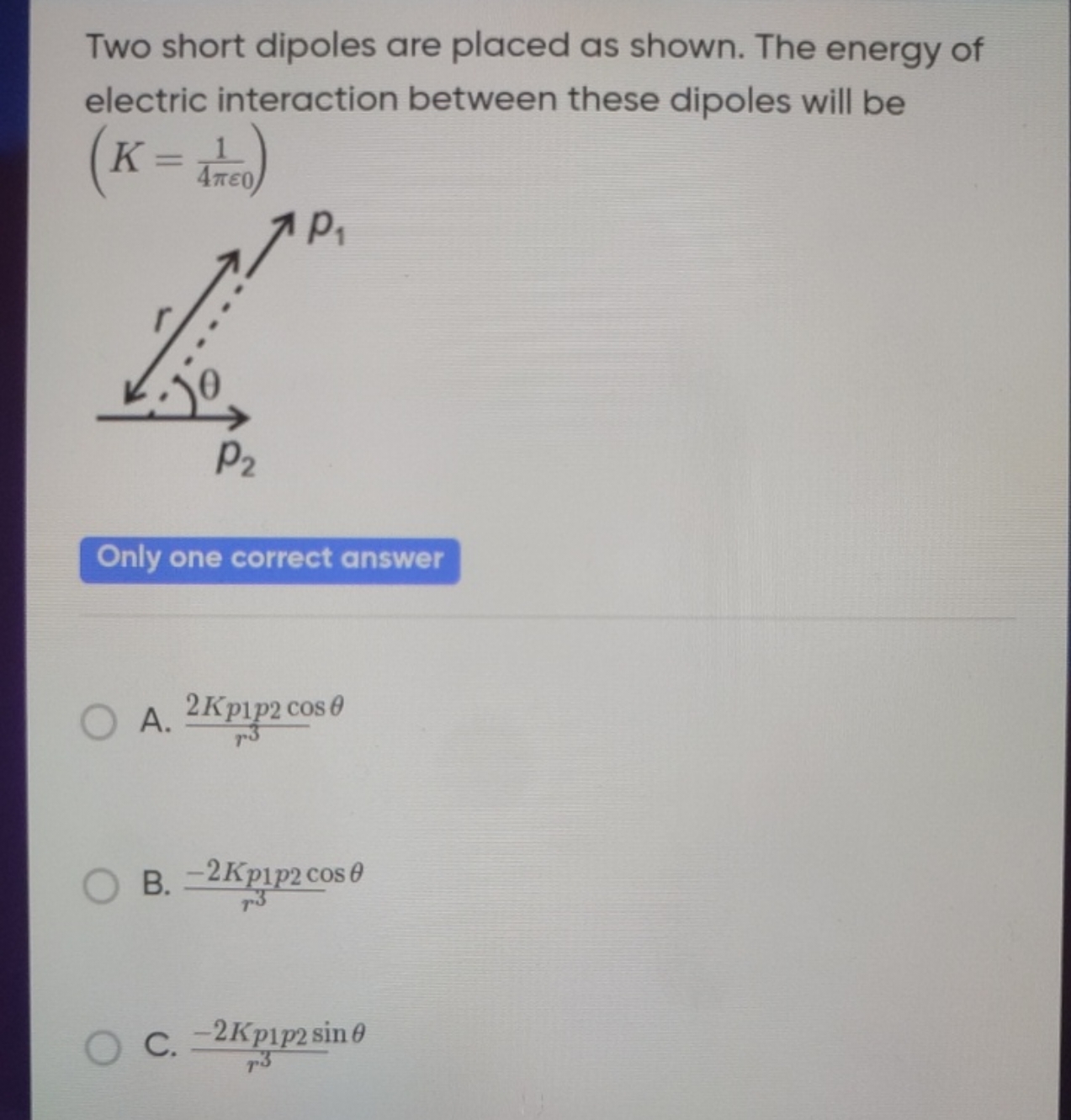 Two short dipoles are placed as shown. The energy of electric interact