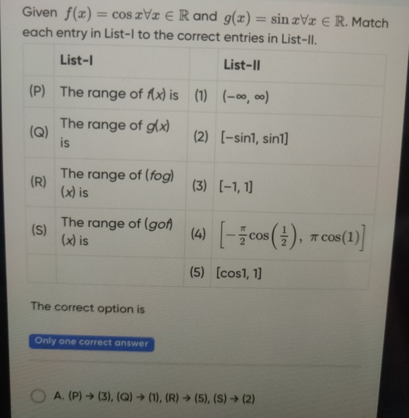 Given f(x)=cosx∀x∈R and g(x)=sinx∀x∈R. Match each entry in List-I to t