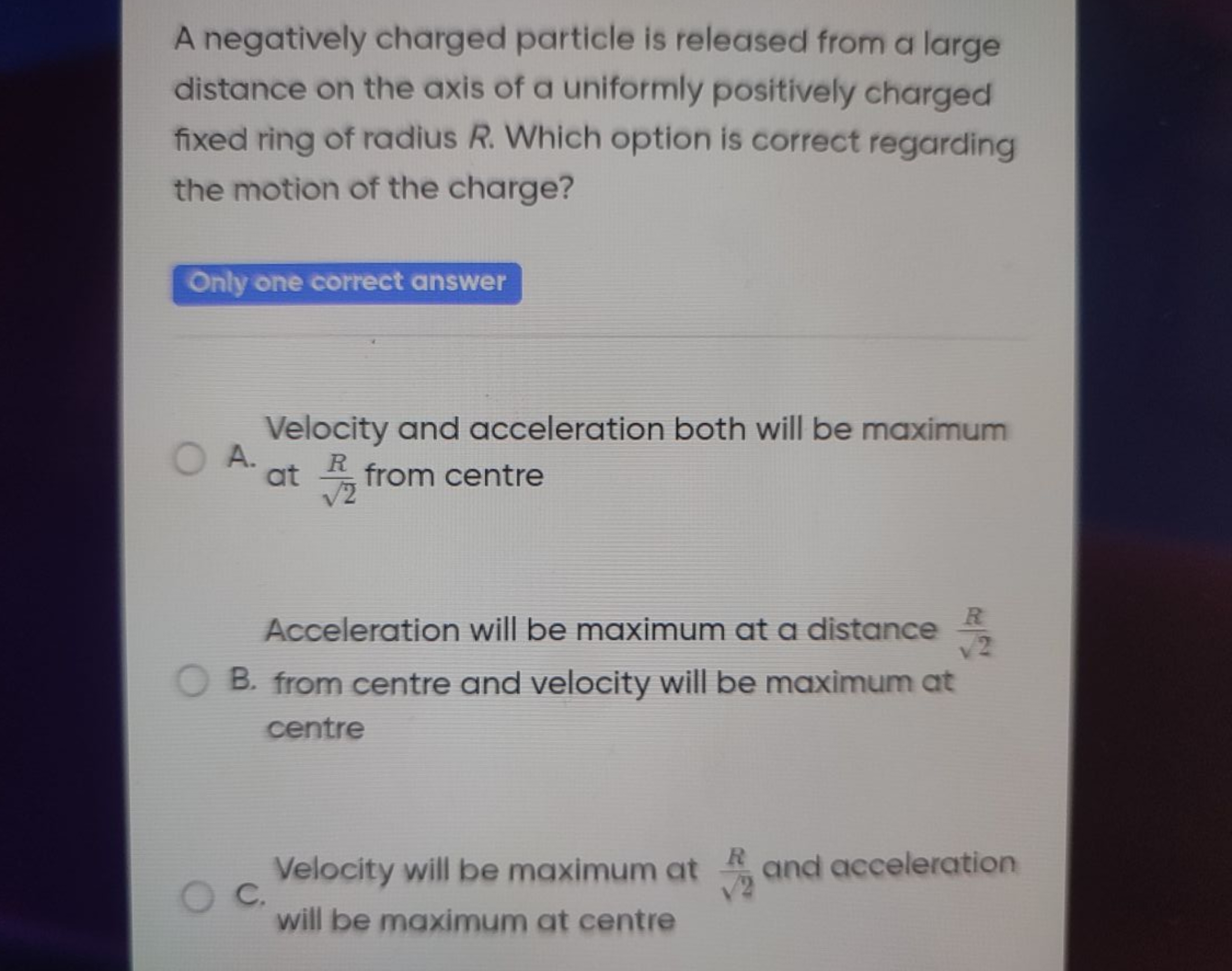 A negatively charged particle is released from a large distance on the