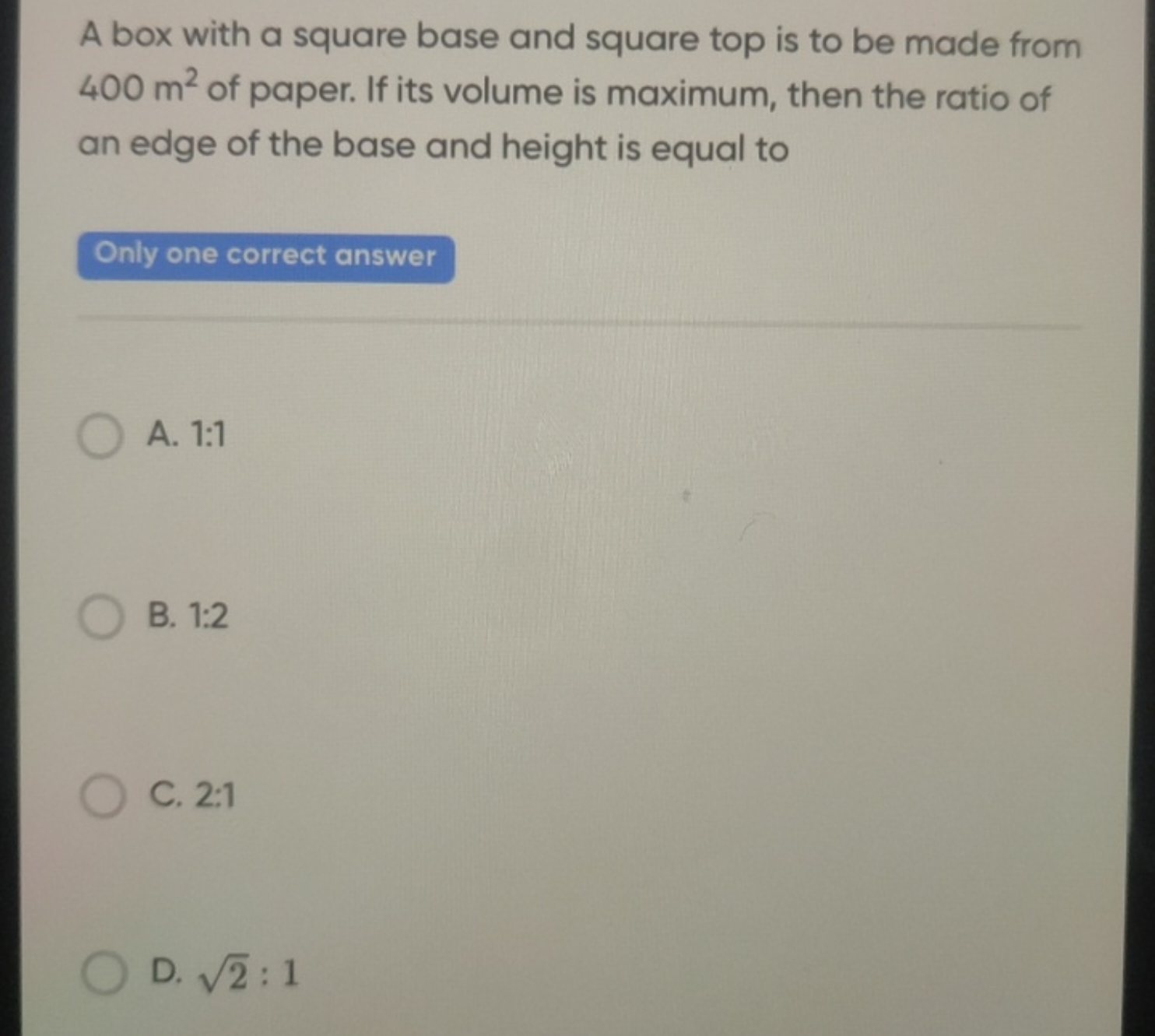 A box with a square base and square top is to be made from 400 m2 of p