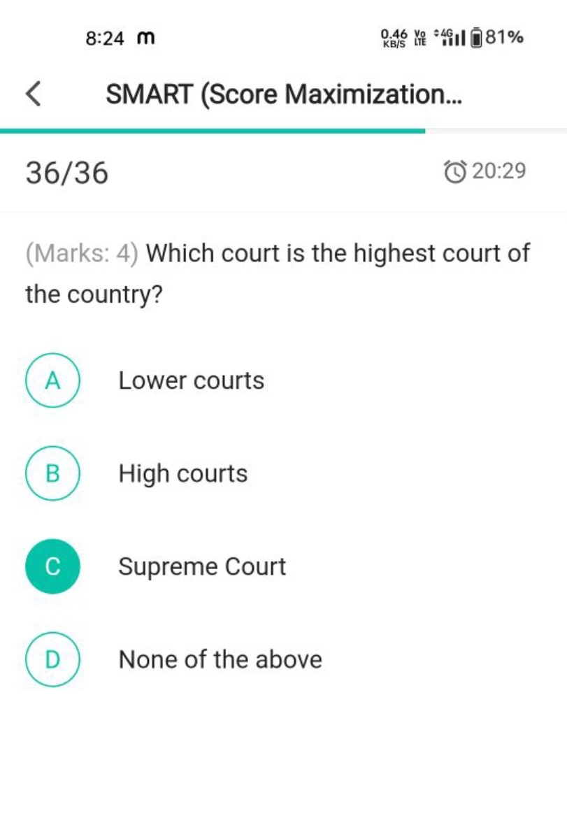 8:24 m
SMART (Score Maximization...
36/36
(1)) 20:29
(Marks: 4) Which 