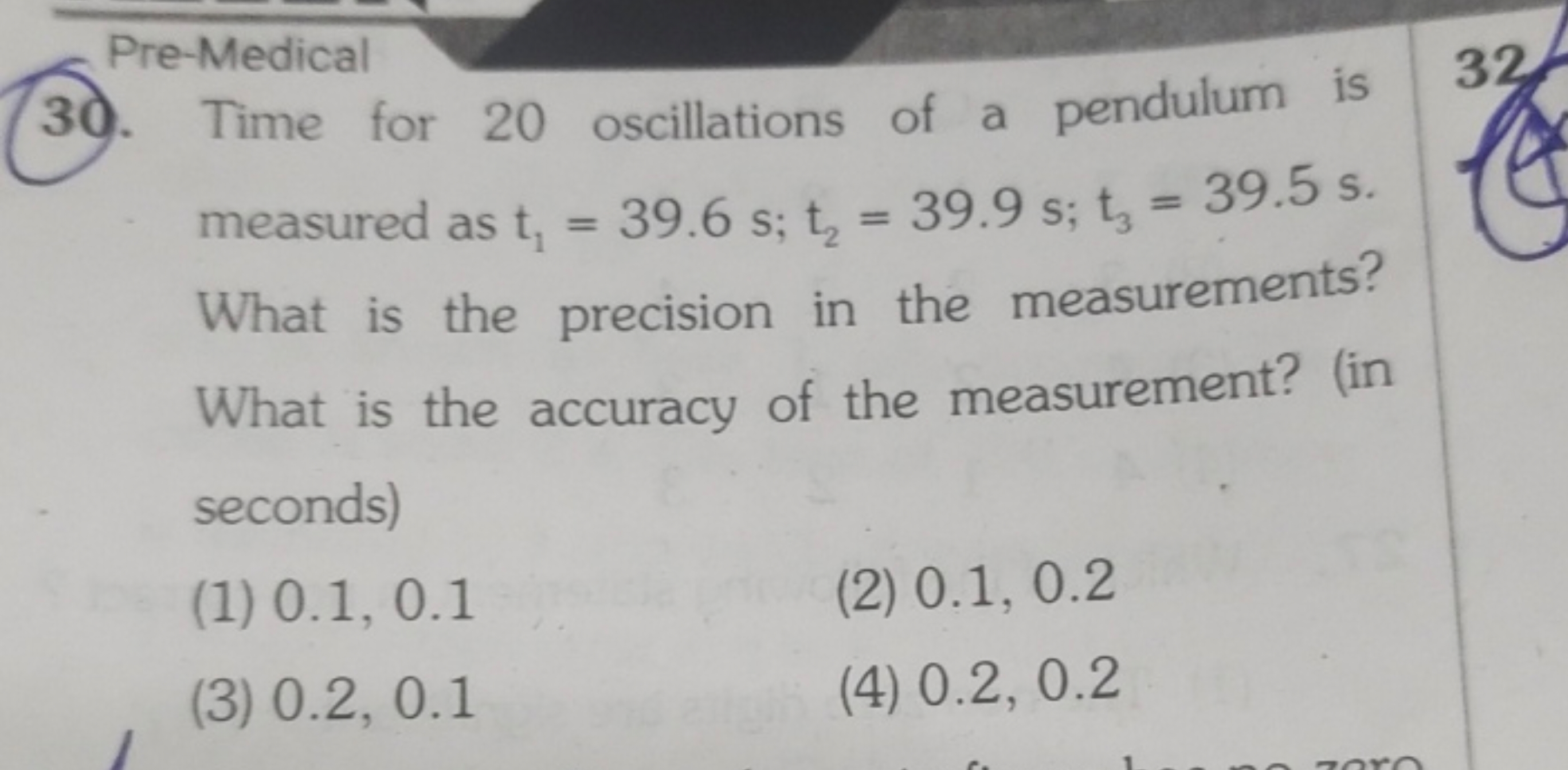 Pre-Medical
30. Time for 20 oscillations of a pendulum is measured as 