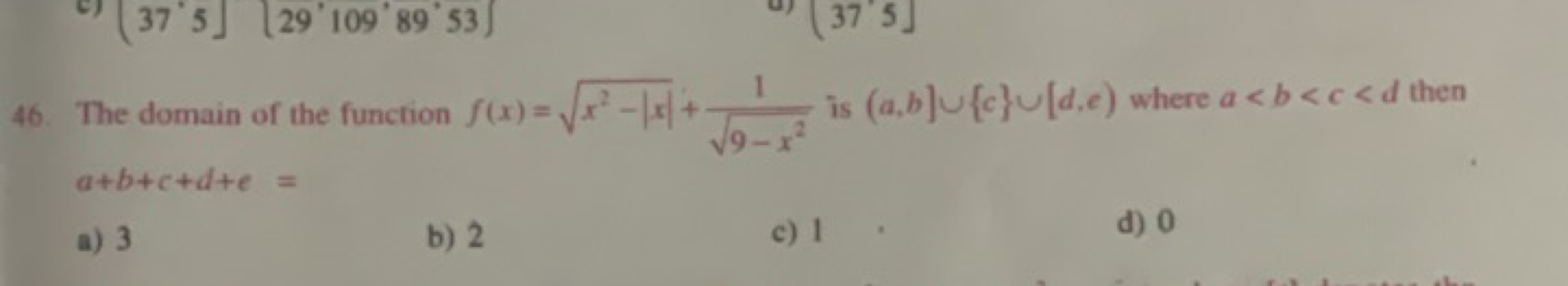 46. The domain of the function f(x)=x2−∣x∣​+9−x2​1​ is (a,b]∪{c}∪[d,e)