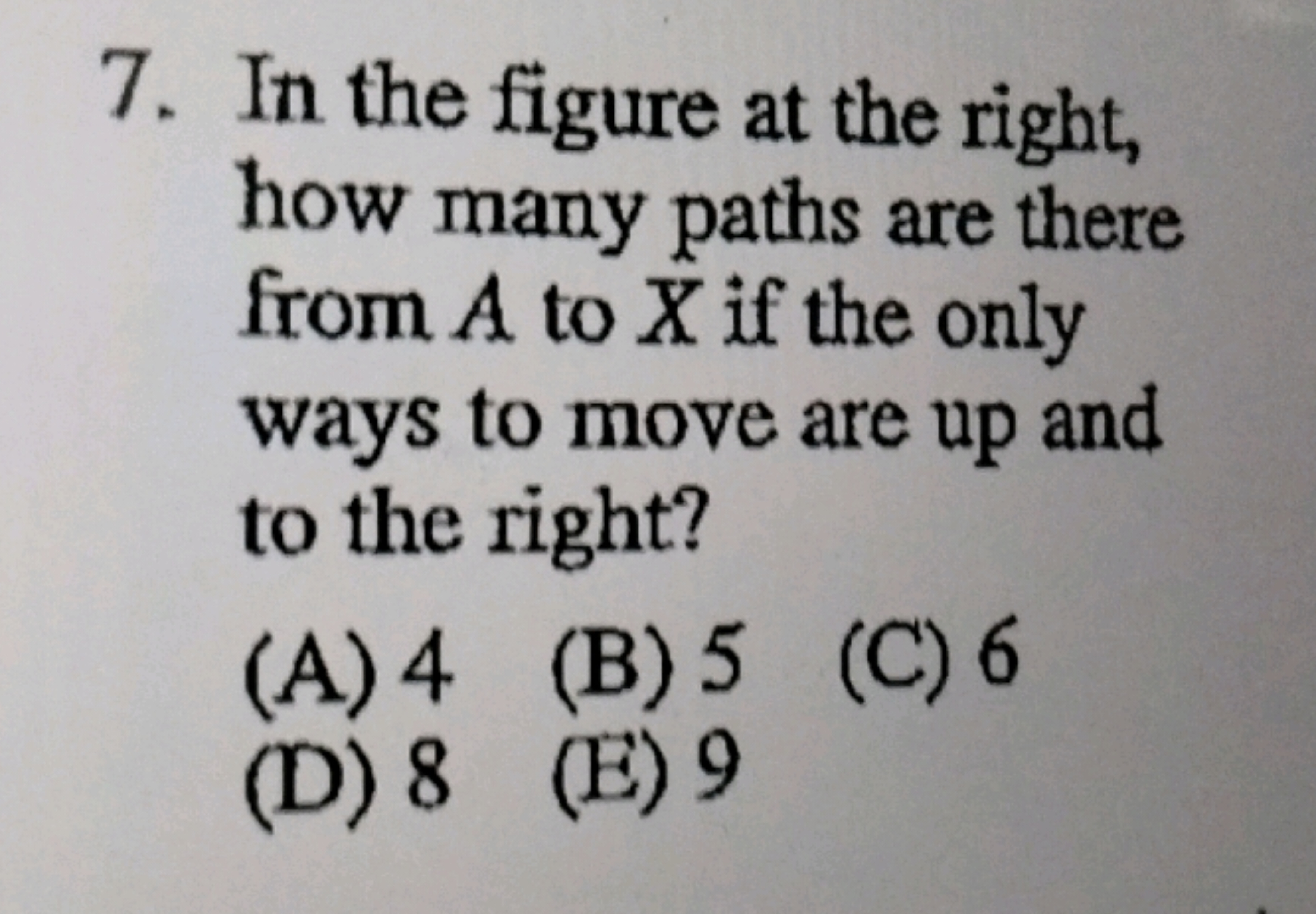 7. In the figure at the right, how many paths are there from A to X if