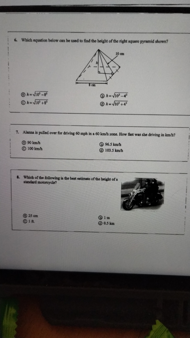 6. Which equation below can be used to find the height of the right sq