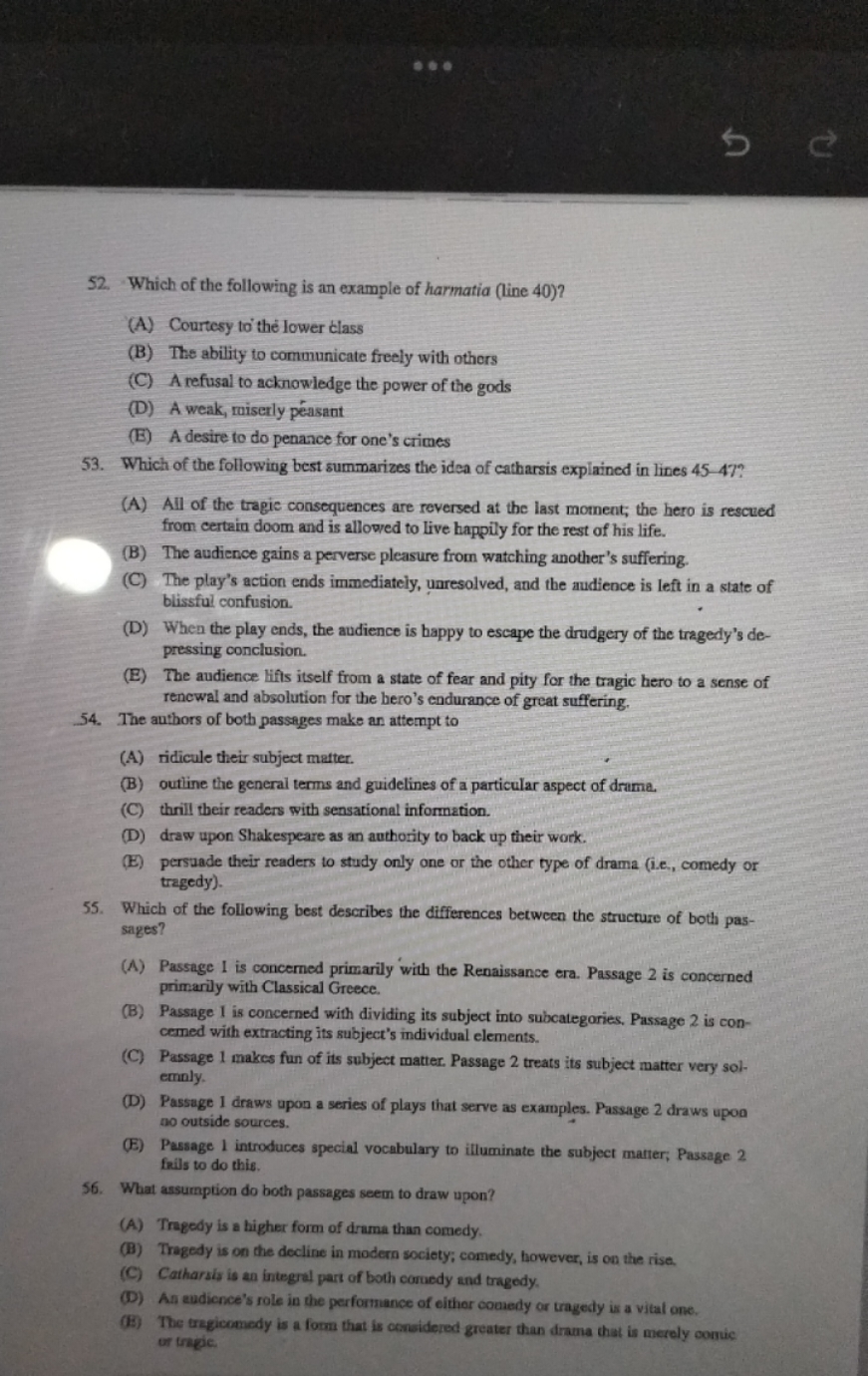 52. Which of the following is an example of harmatia (line 40)?
(A) Co