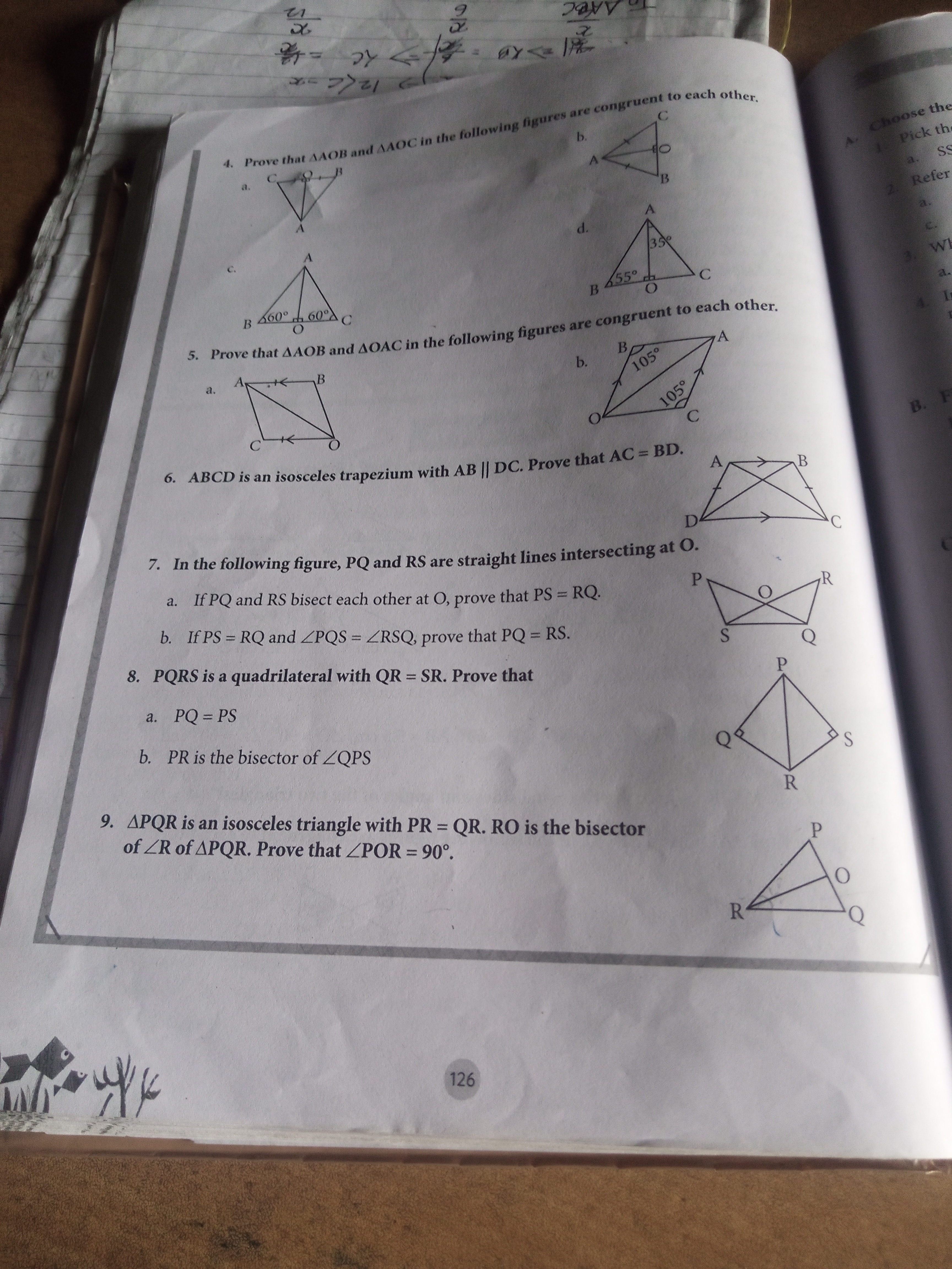 4. Prove that △AOB and △AOC in the following figures are congruent to 