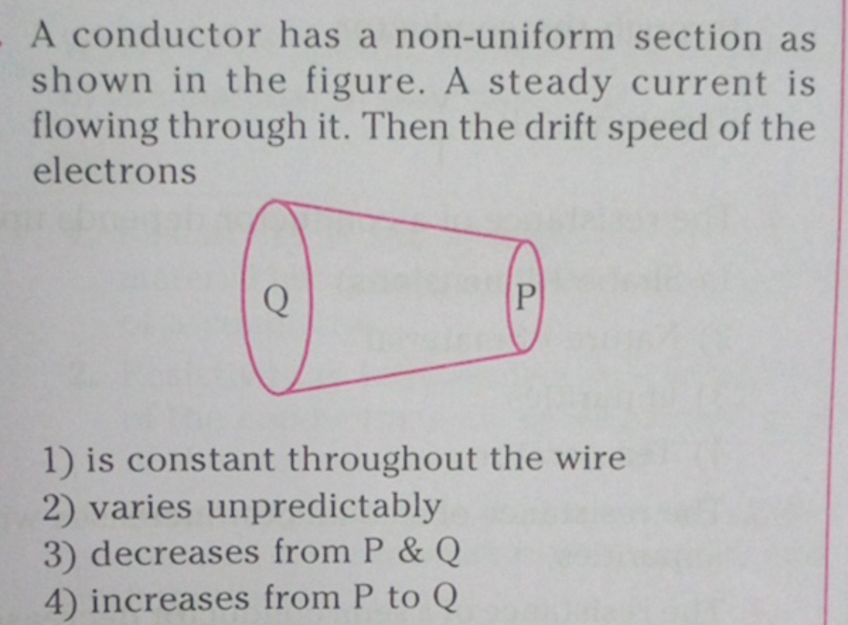 A conductor has a non-uniform section as shown in the figure. A steady