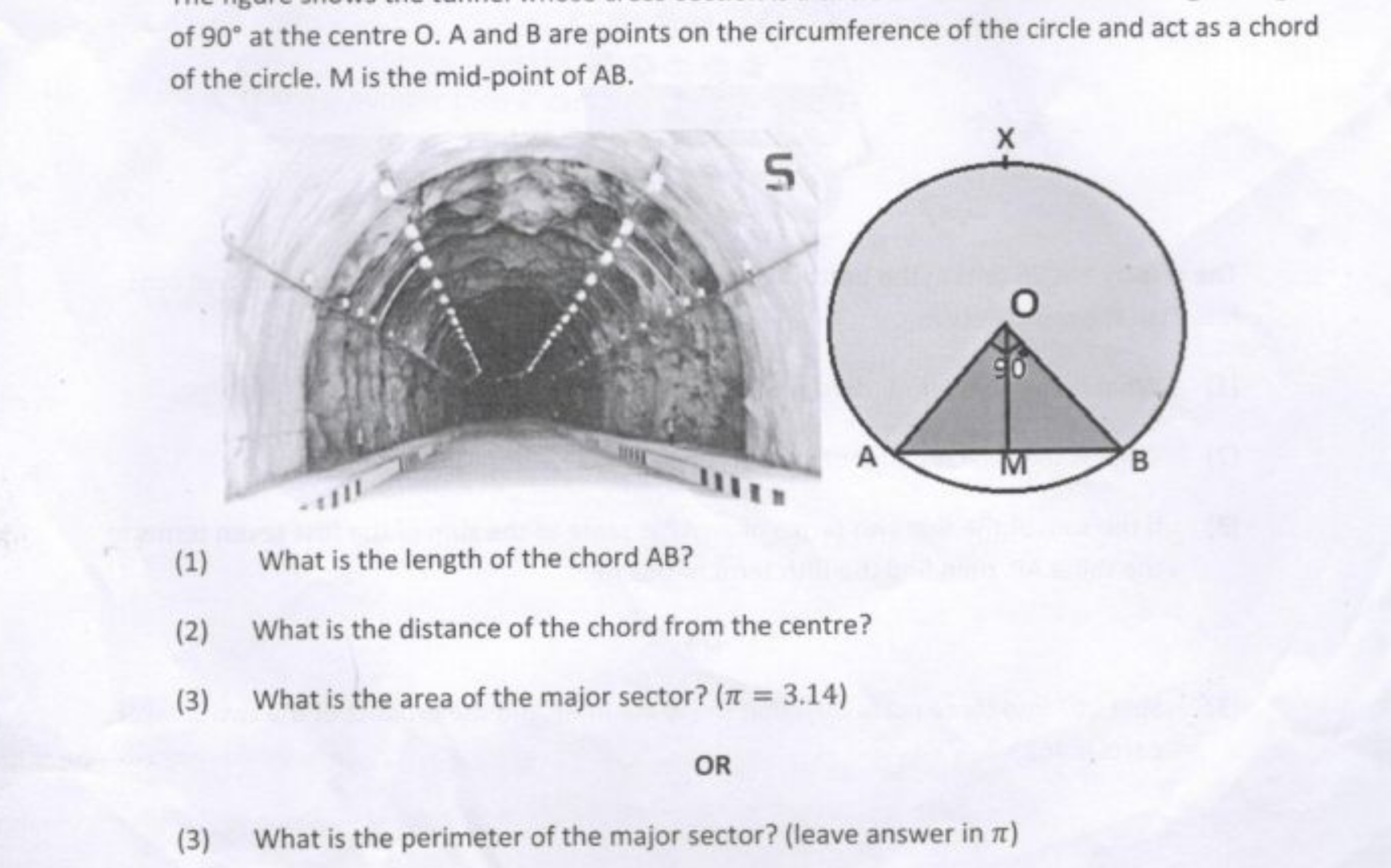 of 90∘ at the centre O . A and B are points on the circumference of th