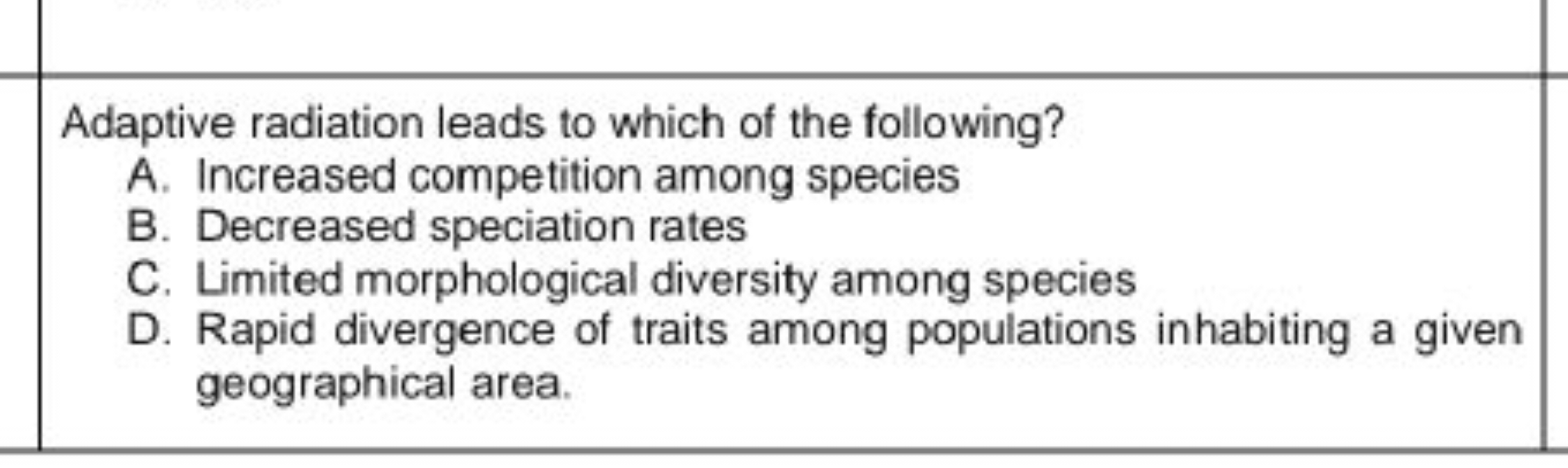 Adaptive radiation leads to which of the following?
A. Increased compe