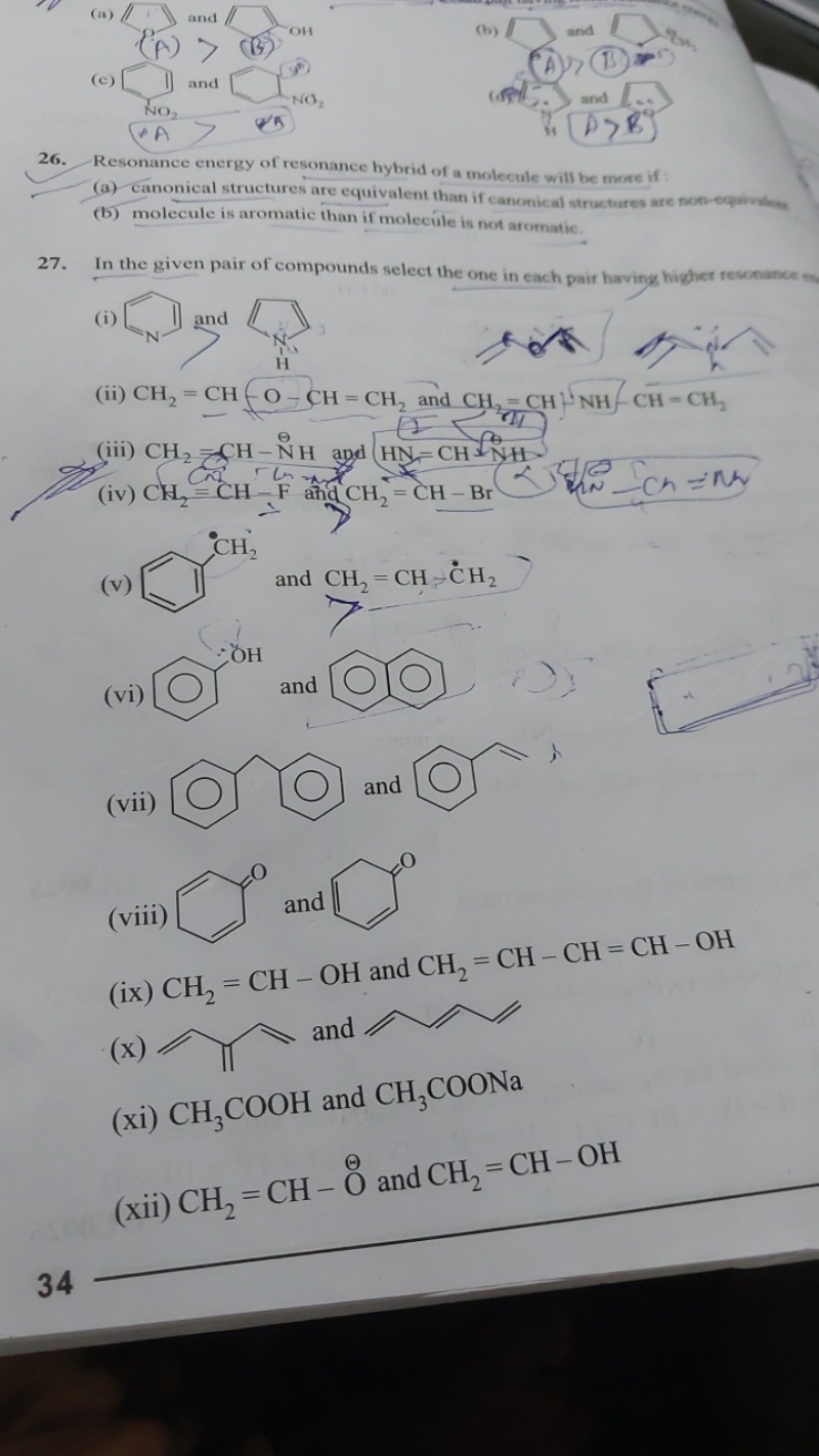 (a)
(c)
(b) and
(A) (B) =
(d) and ⇒B
26. Resonance energy of resonance