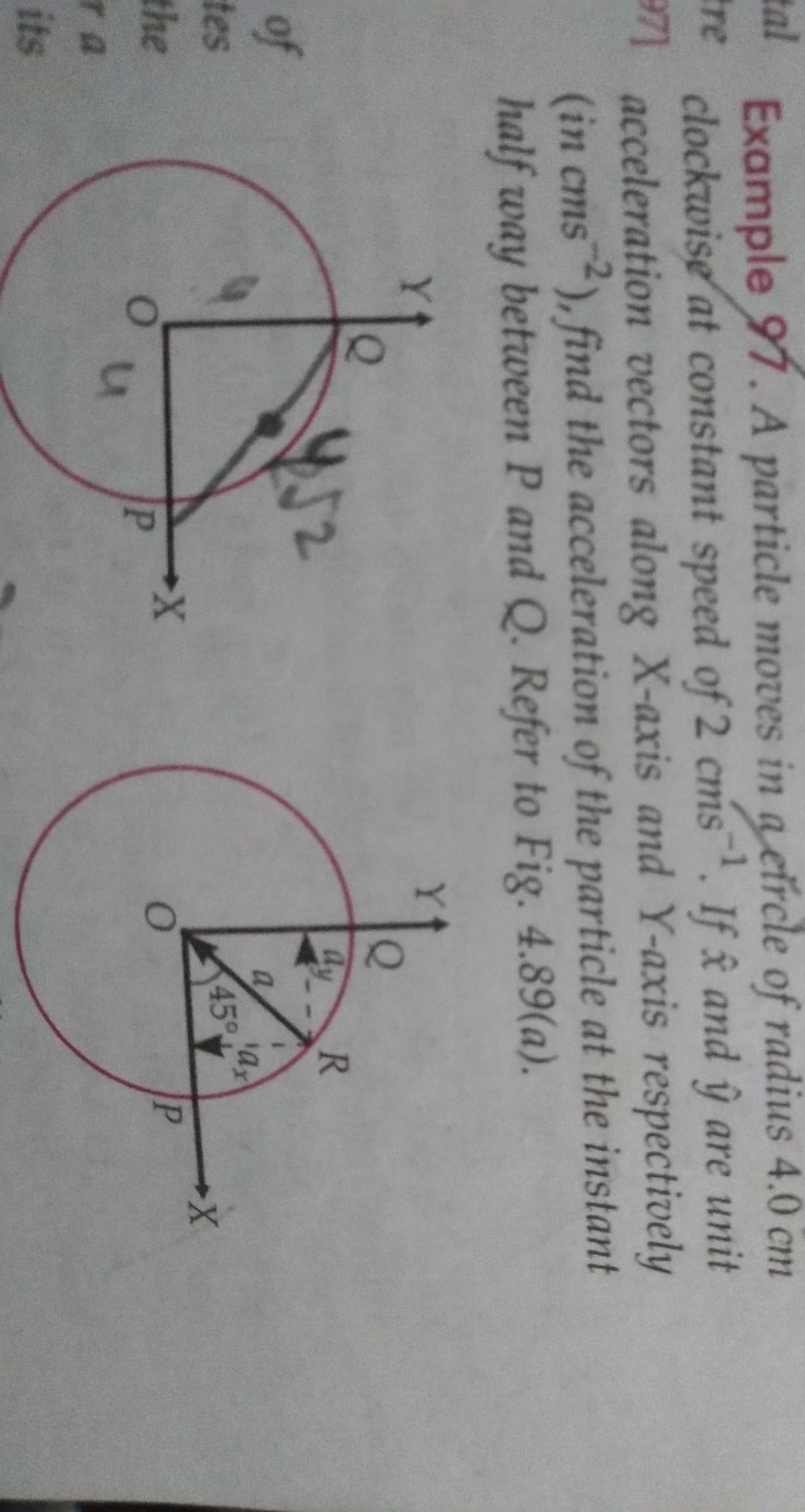 Example 97. A particle moves in a circle of radius 4.0 cm clockwise at