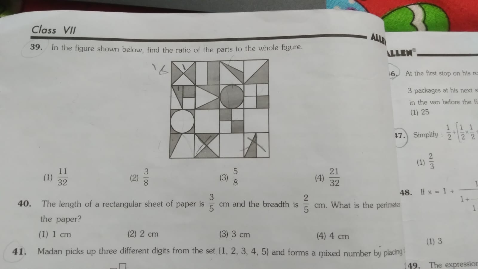 Class VII Al| 39. In the figure shown below, find the ratio of the par