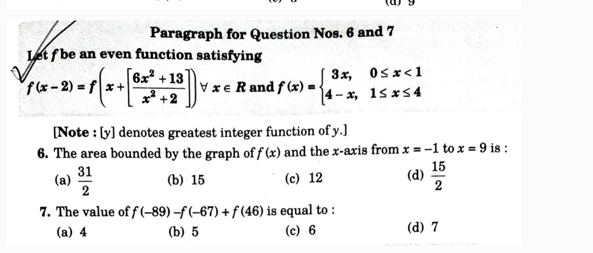 Paragraph for Question Nos. 6 and 7 If f be an even function satisfyin