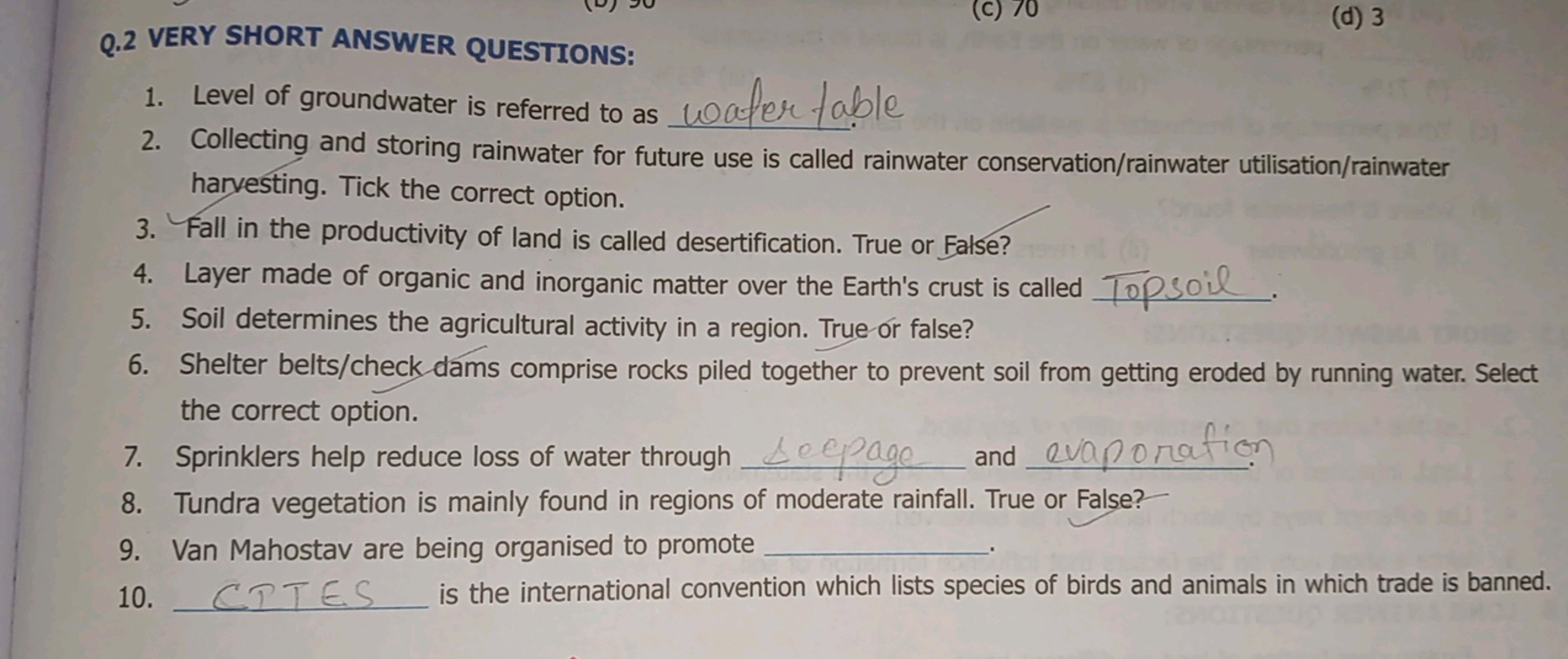 Q. 2 VERY SHORT ANSWER QUESTIONS:
1. Level of groundwater is referred 