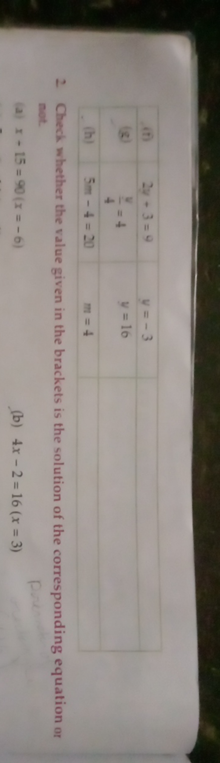 (f)2y+3=9y=−3(g)4y​=4y=164(h) 5m−4=20m=4
2 Check whether the value giv