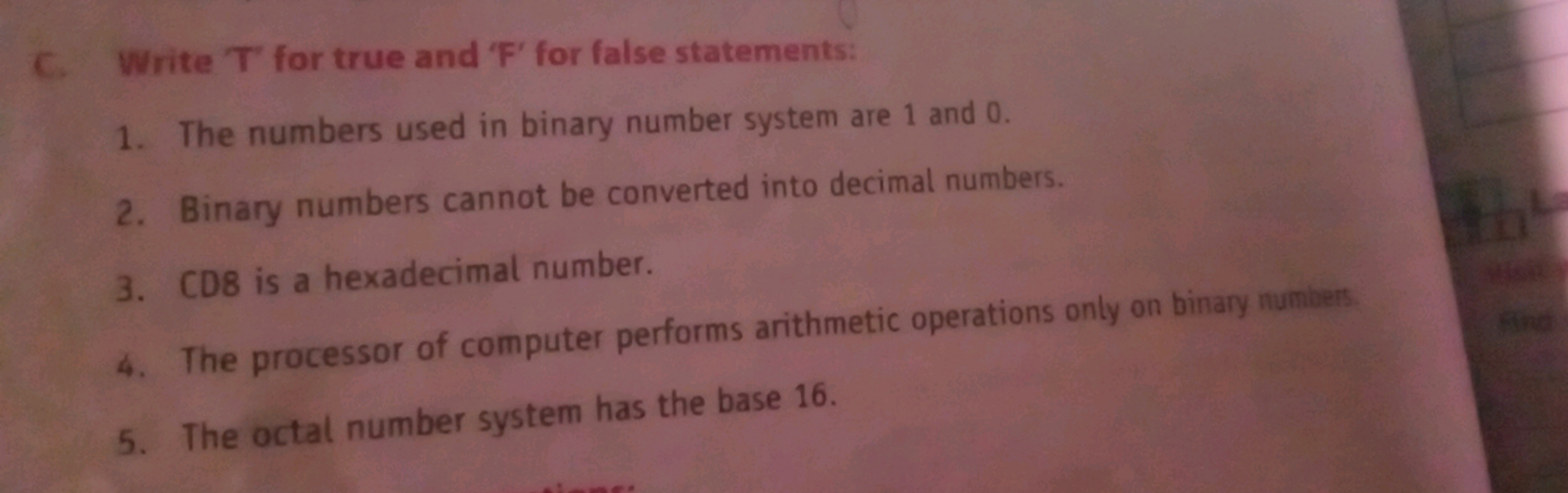 C. Write 'T' for true and ' F ' for false statements:
1. The numbers u