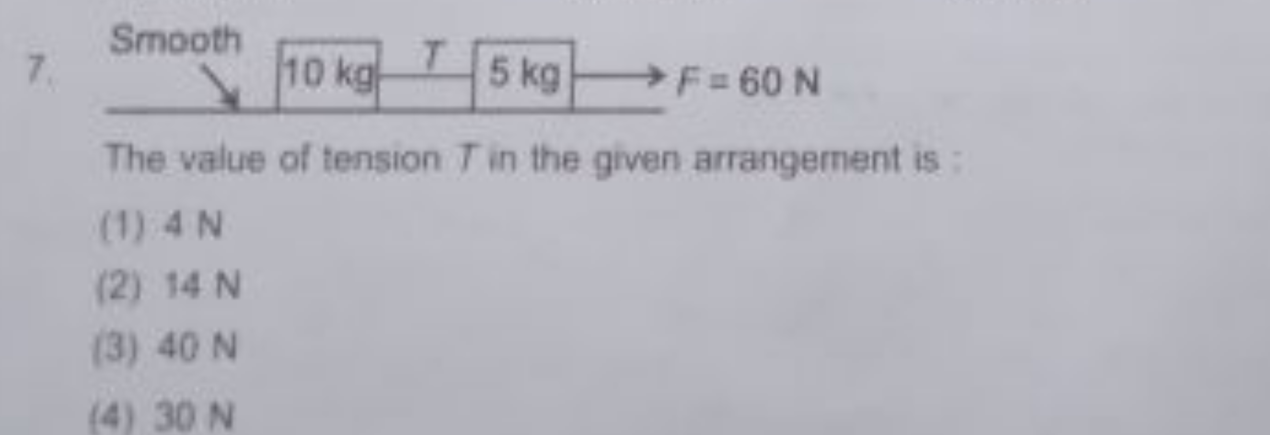 7.

The value of tension T in the given arrangement is :
(1) 4 N
(2) 1