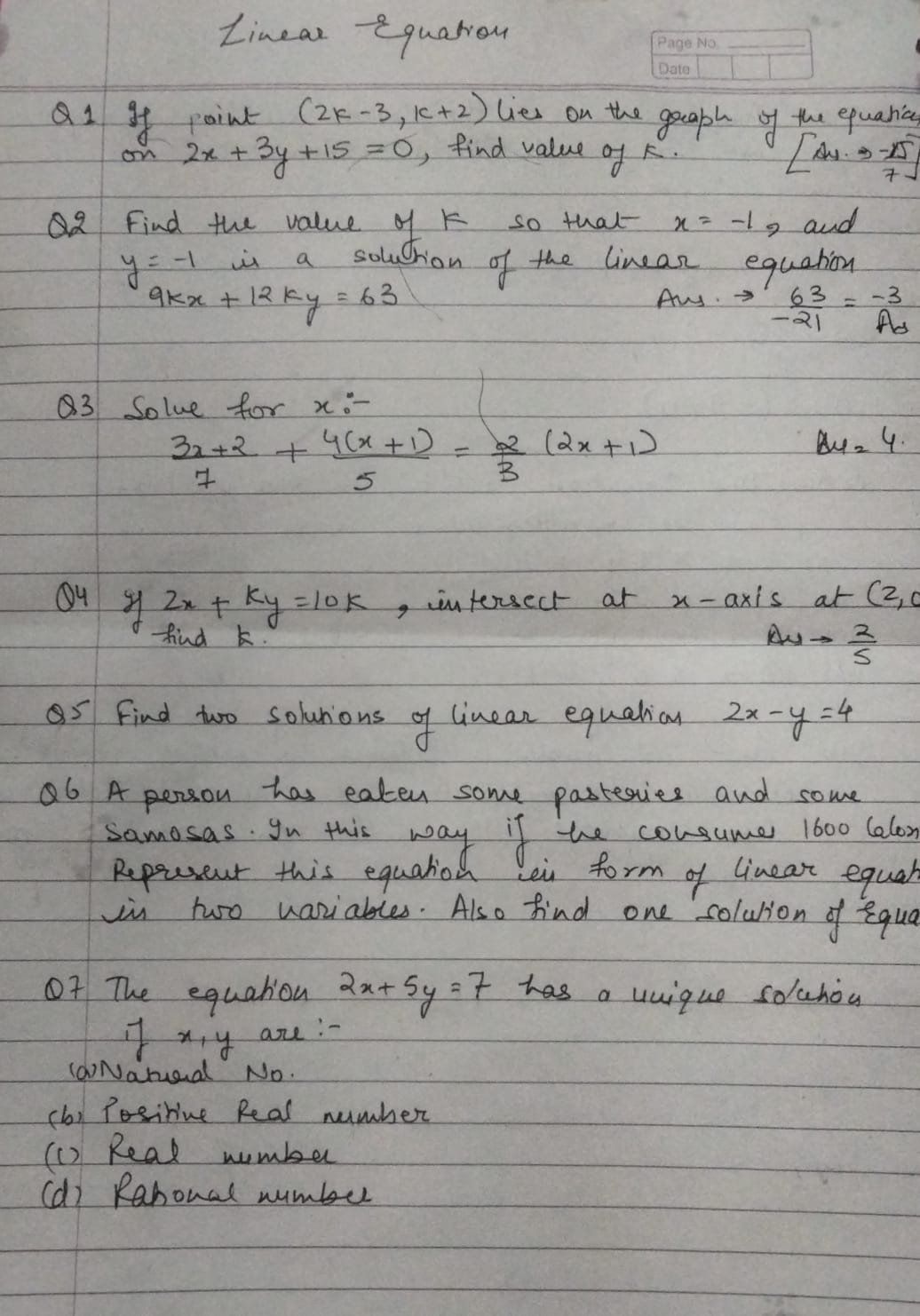 Linear Equation
Q1 If point (2k−3,k+2) lies on the graph of the equati