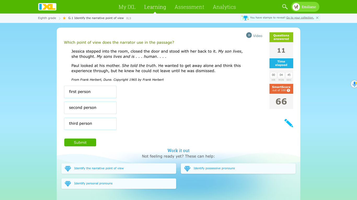 ×My IXLLearningAssessmentAnalyticsEmilianoEighth gradeG. 1 Identi..