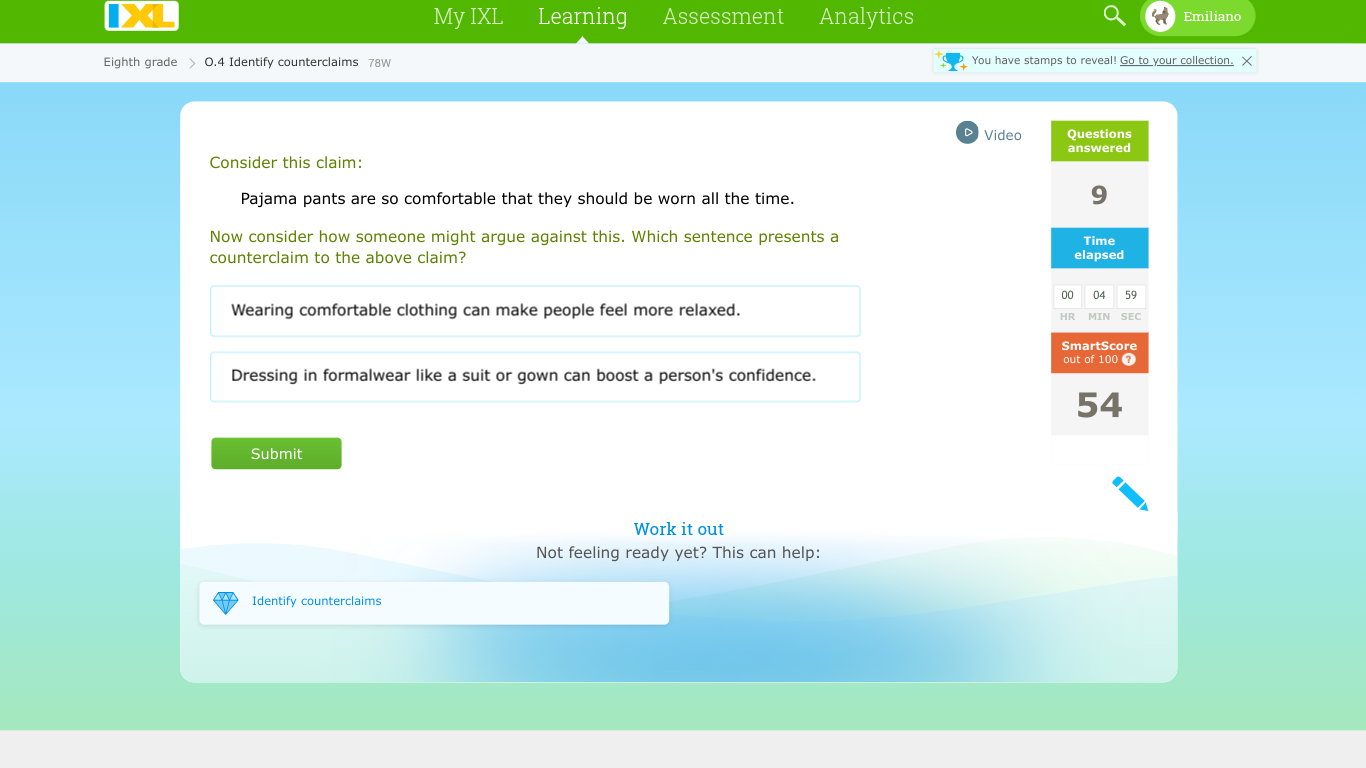 My IXLLearningAssessmentAnalyticsEmilianoEighth gradeO. 4 Identif..