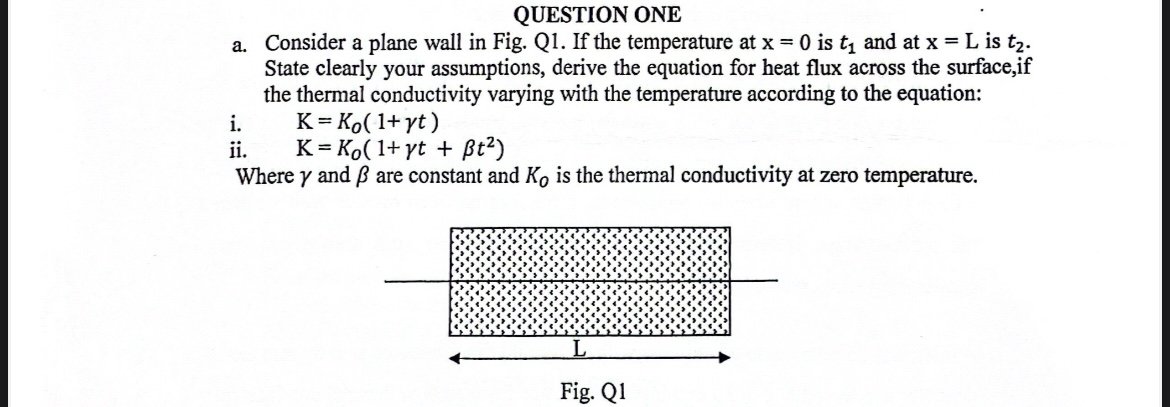 QUESTION ONEa. Consider a plane wall in Fig. Q1. If the temperature at x..