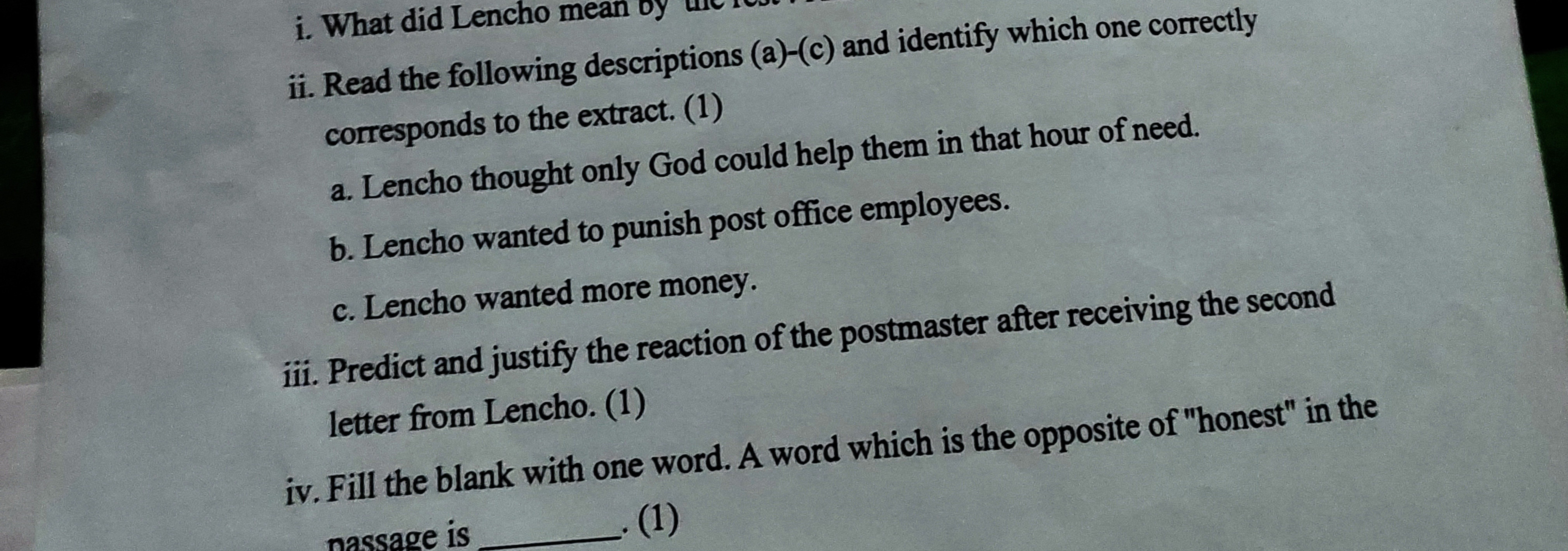 ii. Read the following descriptions (a)-(c) and identify which one cor