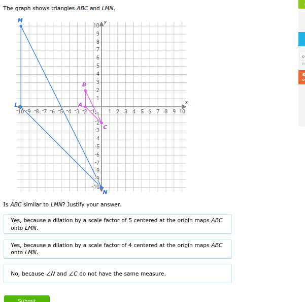 The graph shows triangles ABC and LMN. Is ABC similar to LMN? Justify yo..