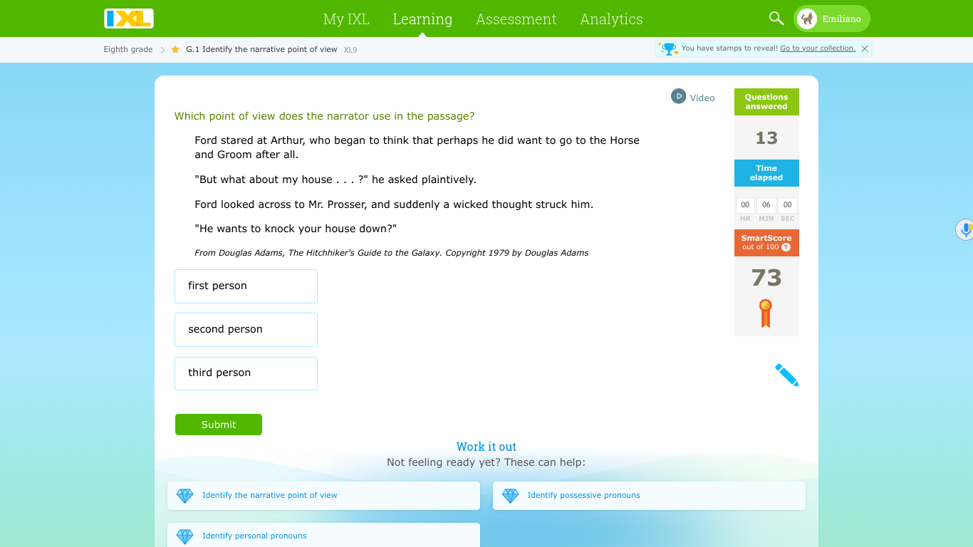 ×My IXLLearningAssessmentAnalyticsEmilianoEighth gradeG. 1 Identi..