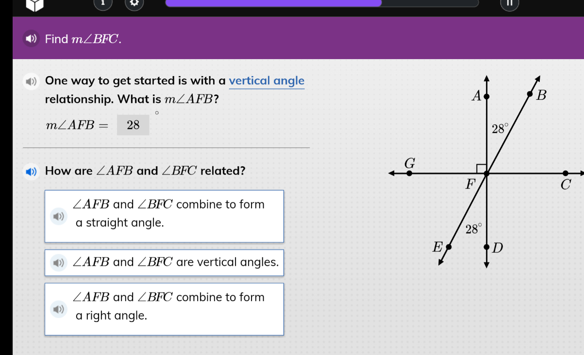Find m∠BFC. One way to get started is with a vertical angle relationship..