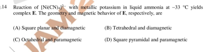 14 Reaction of [Ni(CN)4​]2− with metallic potassium in liquid ammonia 