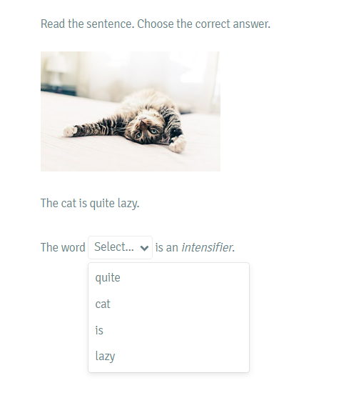 Read the sentence. Choose the correct answer.The cat is quite lazy.Th..