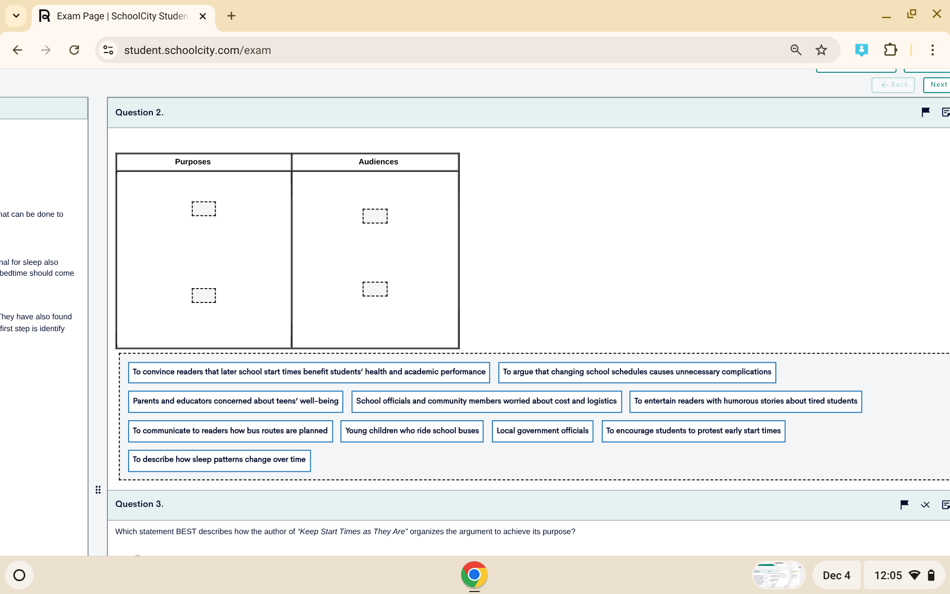 Question 2. Table with columns 'Purposes' and 'Audiences' and empty cell..